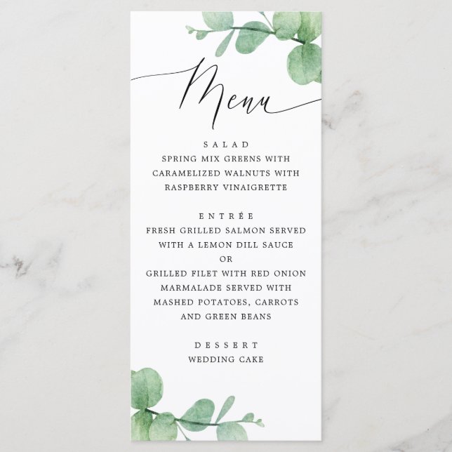 Eucalyptus Leaves Wedding | Watercolor Botanical Menükarte (Vorderseite)