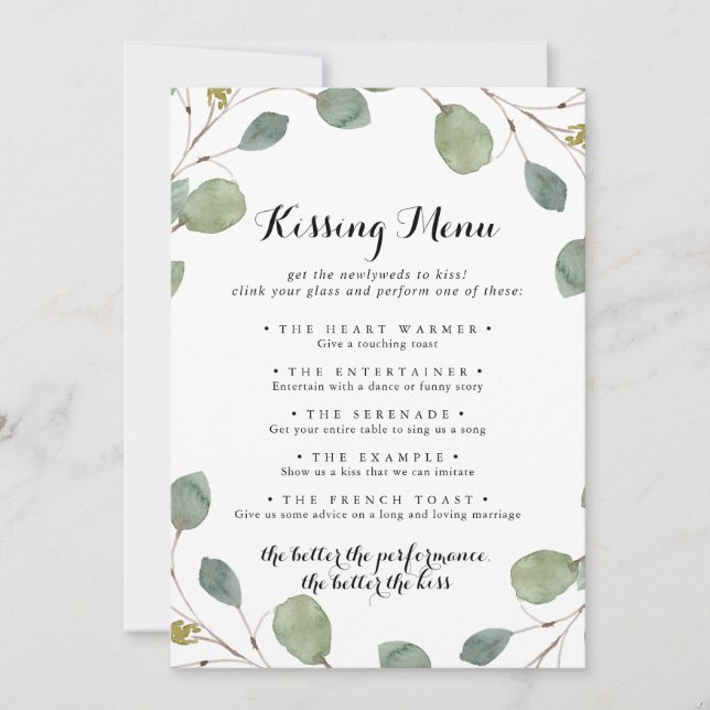 Eucalyptus Mariage Kissing Menu Carte de jeu (Devant)