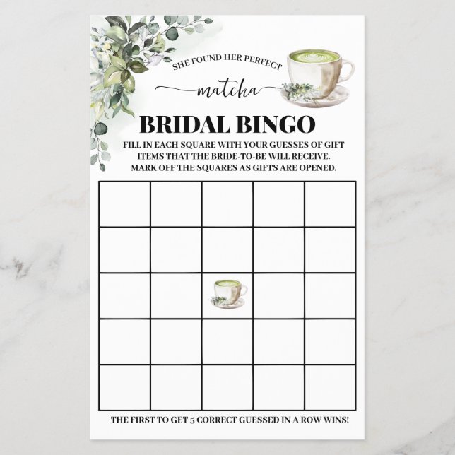 Eucalyptus Matcha Bridal Shower Bingo Game Card Flyer (Vorne)