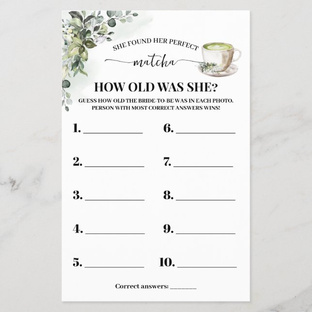 Eucalyptus Matcha How old was She Shower Game Card Flyer (Vorne)