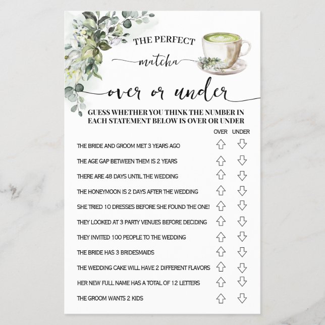 Eucalyptus Matcha Over or Under Shower Game Card Flyer (Vorne)