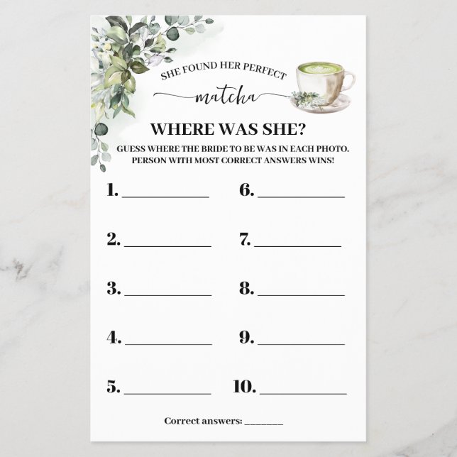 Eucalyptus Matcha Where was Bride Shower Game Card Flyer (Vorne)