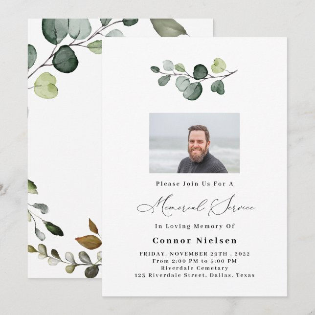 Eucalyptus Memorial Service Invitation (Devant / Derrière)