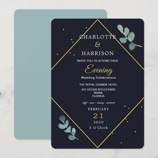 Eucalyptus Navy Gold Soirée Faire-part de mariage (Devant / Derrière)