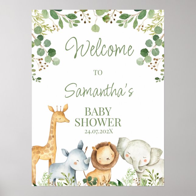 Eucalyptus Niedlich Safari Baby Dusche Begrüßungsz Poster (Vorne)