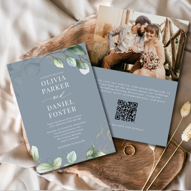 Eucalyptus QR Code Dusty Blue Foto Wedding Einladung (Von Creator hochgeladen)
