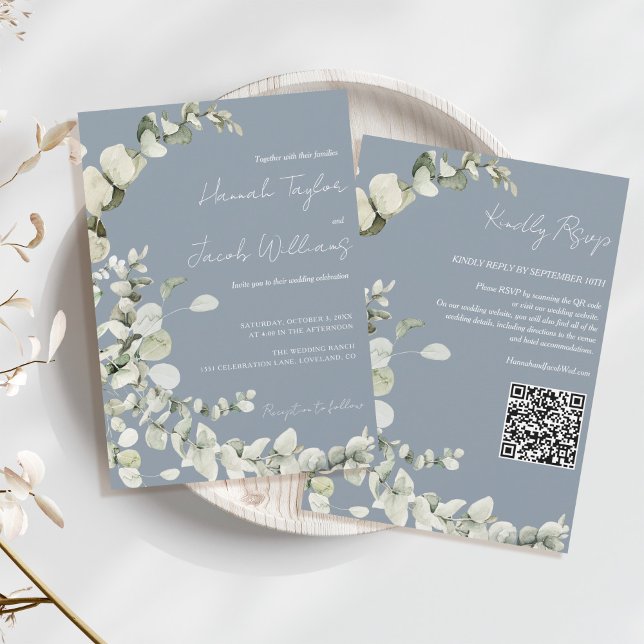 Eucalyptus QR Code Dusty Blue Wedding Einladung (qr code wedding invitations dusty blue eucalyptus)