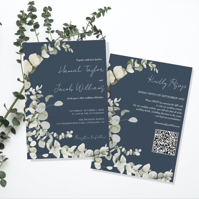 Eucalyptus QR Code Navy Blue Wedding Einladung (navy blue qr code wedding invitation)