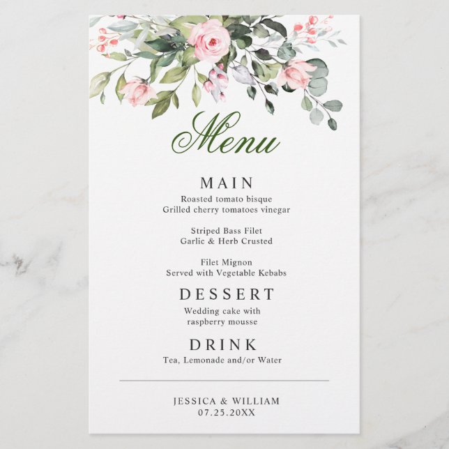 Eucalyptus Rose Blush Rose Dîner Menu Mariage (Devant)