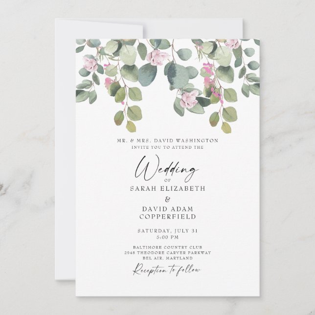 Eucalyptus & Rose Élégante invitation de mariage (Devant)