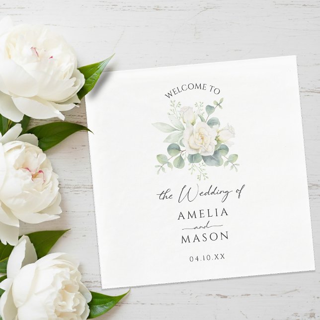 Eucalyptus Rose Floral White Paper Wedding  Serviette (Eucalyptus Rose Floral White Paper Wedding Napkins)
