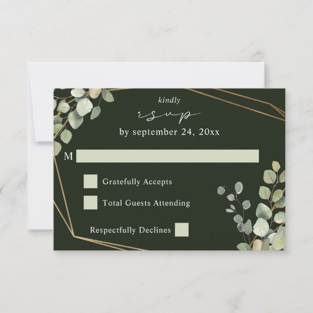 Eucalyptus rustique & Cadre Or no Repas RSVP Green (Devant)