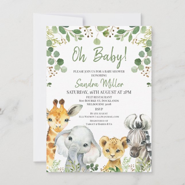 Eucalyptus Safari Baby Shower Einladung (Vorderseite)