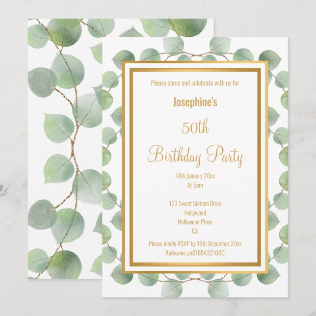 EUCALYPTUS SAGE GREEN GOLD GEBURTSTAGEINLADUNG EINLADUNG (Vorne/Hinten)