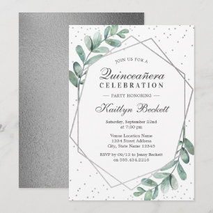 Eucalyptus Silver Geometric Quinceñera Geburtstag Einladung