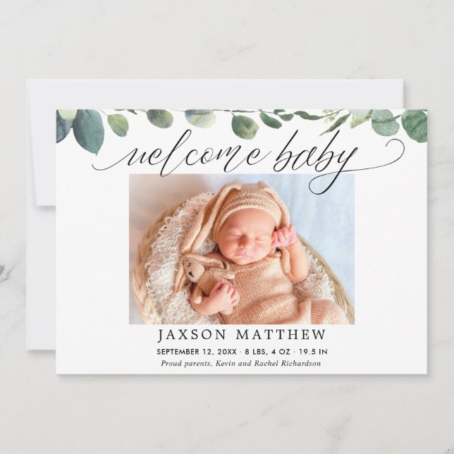 Eucalyptus simple faire-part de naissance bébé mod (Devant)
