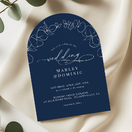 Eucalyptus Springs Script Navy Blue Arch Wedding Einladung
