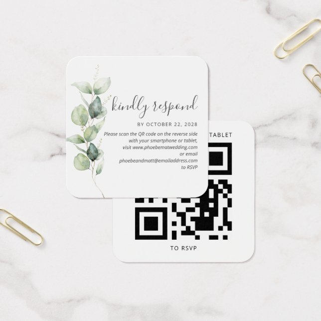 Eucalyptus Succulent QR Code Mariage Carte RSVP (Bureau)