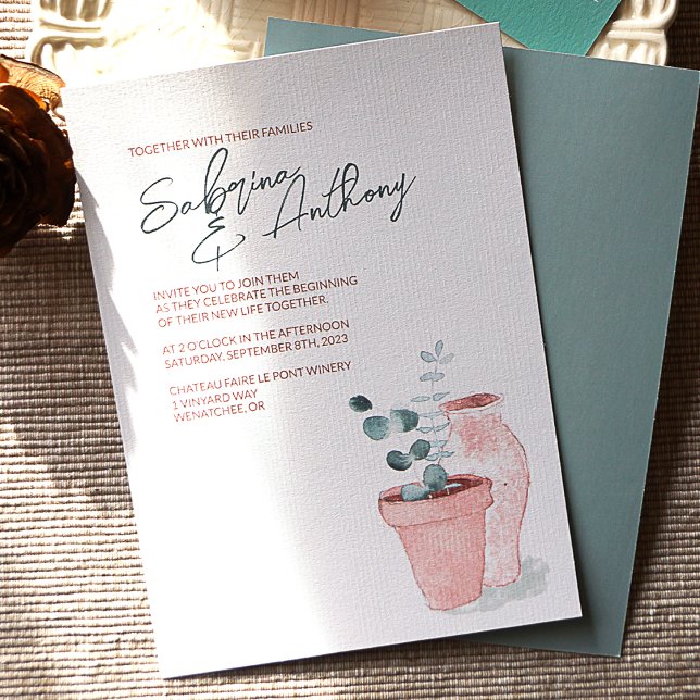 Eucalyptus, Terracotta Pottery Wedding Invitations (Watercolor Potted Plants with Eucalyptus Leaves Painted in Watercolor)