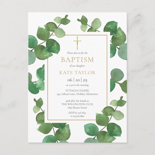 Eucalyptus Verdure Baptême Christening Invitation (Devant)