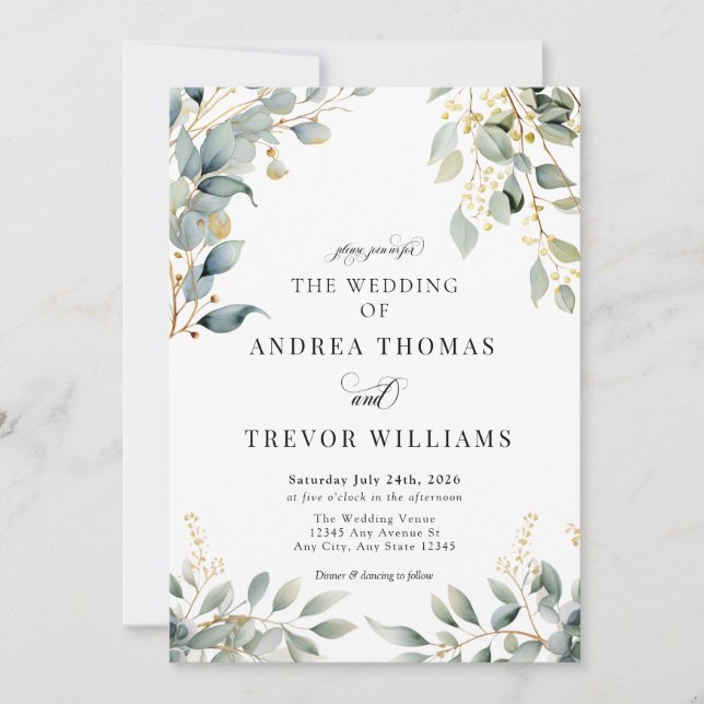 Eucalyptus Verdure et mariage d'or Invitations (Devant)