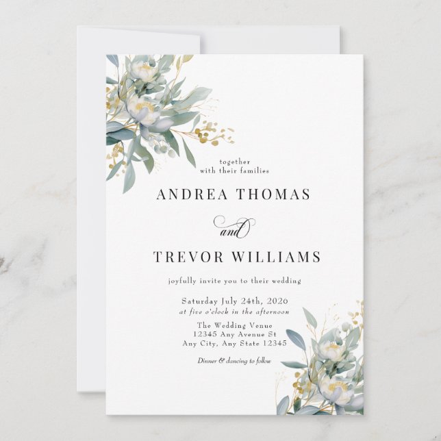 Eucalyptus Verdure et mariage d'or Invitations (Devant)