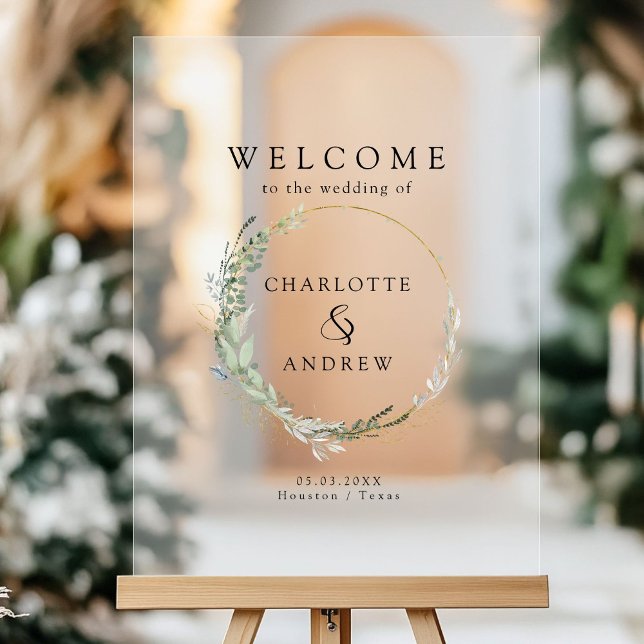 Eucalyptus verdure or mariage accueil (Eucalyptus greenery gold wedding welcome acrylic sign with your names and date.)