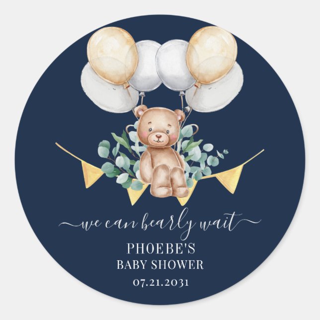 Eucalyptus Verlasse Baby Showdusche Navy Bären & B Runder Aufkleber (Vorderseite)