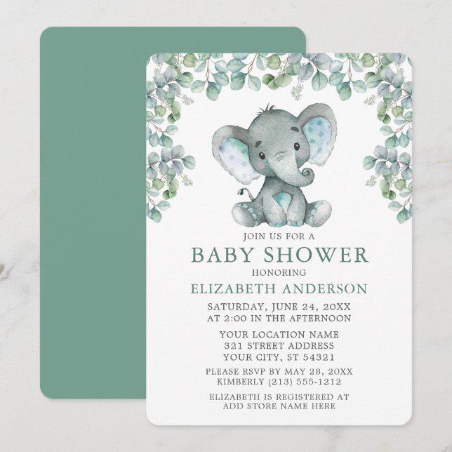 Eucalyptus Verlasse Elephant Baby Dusche Einladung (Vorne/Hinten)