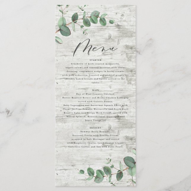 eucalyptus vert bois blanc élégant menu de mariage (Devant)