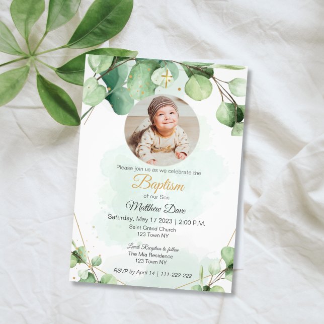 Eucalyptus vert feuille photo Baptême Invitation (Eucalyptus Green Leaves Photo Baptism Invitation)