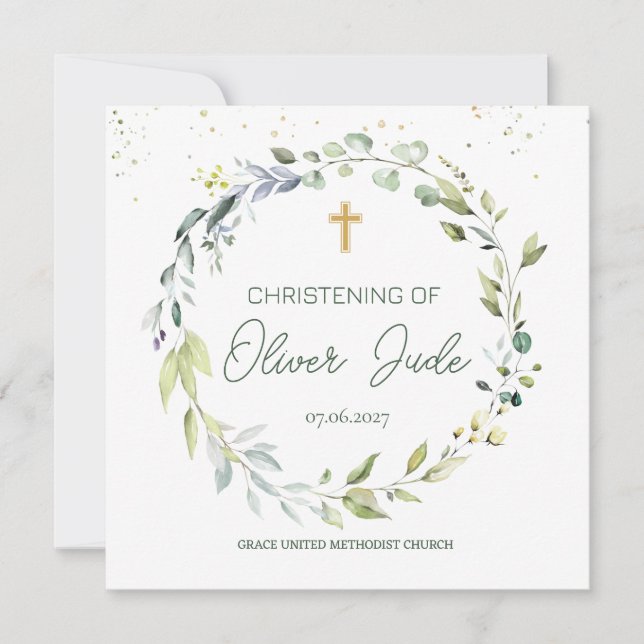 Eucalyptus vert Foliage Christening Invitation (Devant)
