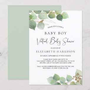 Eucalyptus Watercolor Baby Boy Virtual Dusche Einladung