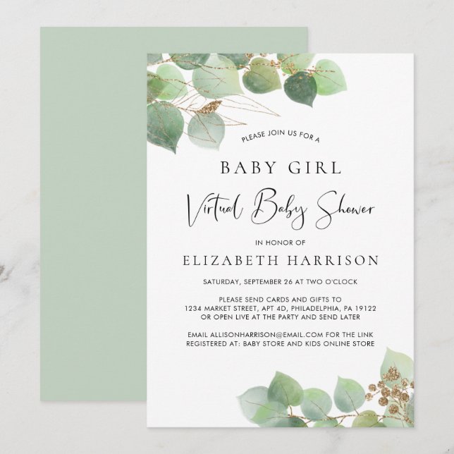 Eucalyptus Watercolor Baby Girl Virtual Dusche Einladung (Vorne/Hinten)