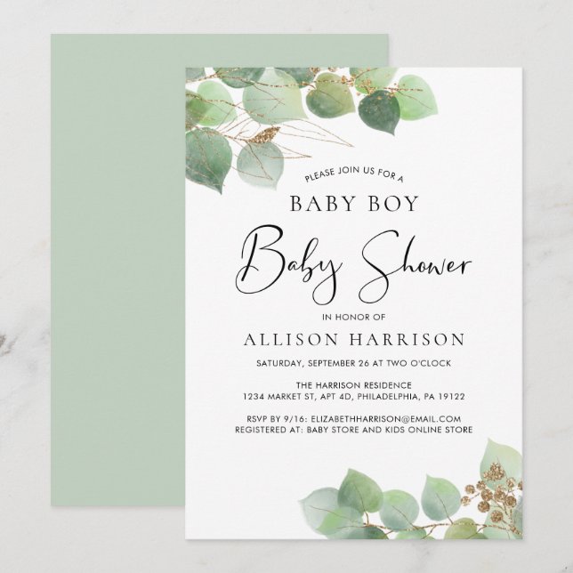Eucalyptus Watercolor Boy Baby Showroom Einladung (Vorne/Hinten)