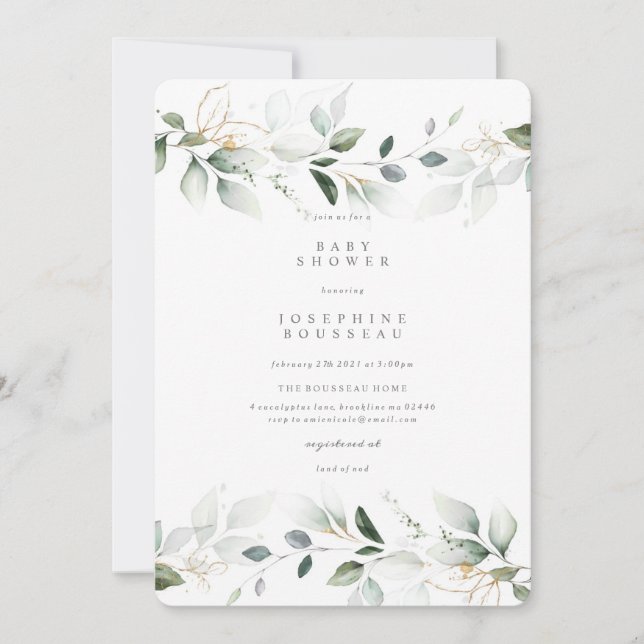 Eucalyptus Watercolor Gold Baby Dusche Einladung (Vorderseite)