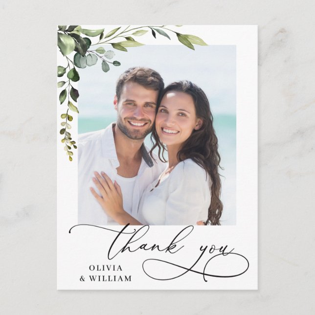 Eucalyptus Watercolor Wedding Foto Vielen Dank Postkarte (Vorderseite)