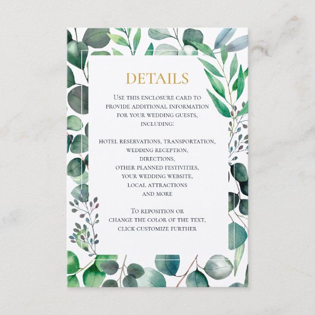 Eucalyptus Watercolor Wedding Invitation, Details Begleitkarte (Vorderseite)