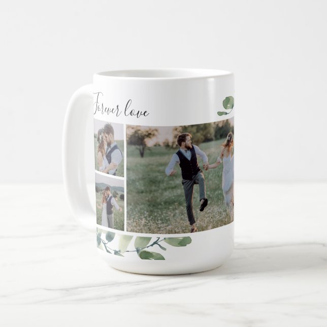 Eucalyptus Wedding Photo Collage Keepsake Plaque Kaffeetasse (Vorderseite Links)