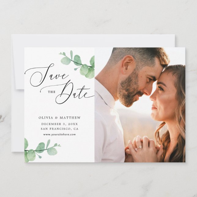 Eucalyptus Wedding | Watercolor Botanical Photo Save The Date (Vorderseite)