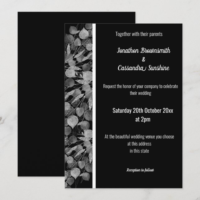 EUCALYPTUS WHITE BLACK SILVER TRIM WHITE EINLADUNG (Vorne/Hinten)