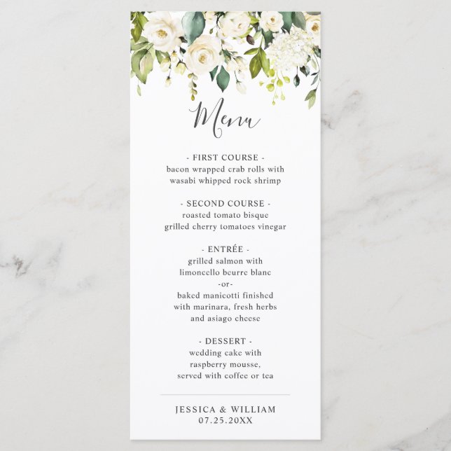 Eucalyptus White Roses Hochzeitsessen Menükarte (Vorderseite)