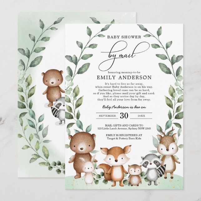 Eucalyptus Woodland Baby Shower By Mail Quarantine Einladung (Vorne/Hinten)
