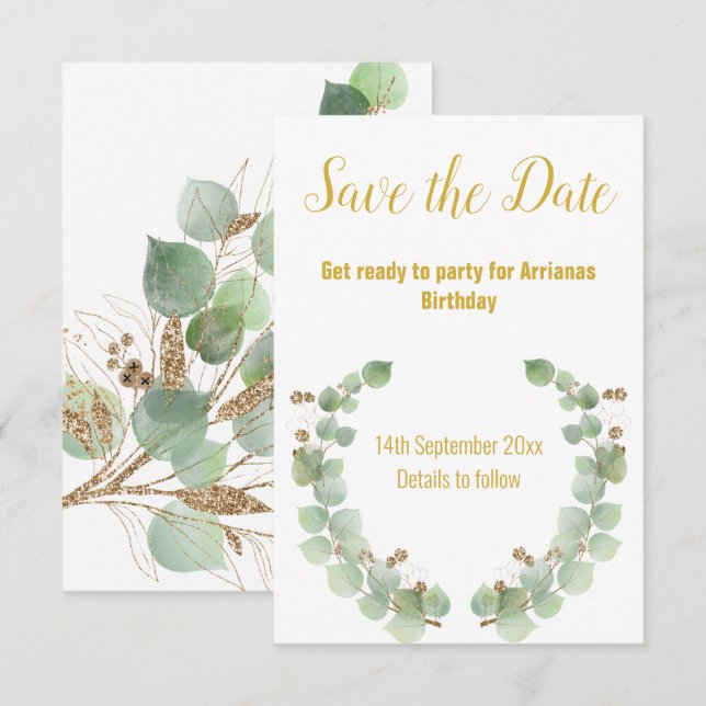 EUCALYPTUS WREATH GOLD WHITE RESPONSE RSVP CARD KARTE (Vorne/Hinten)