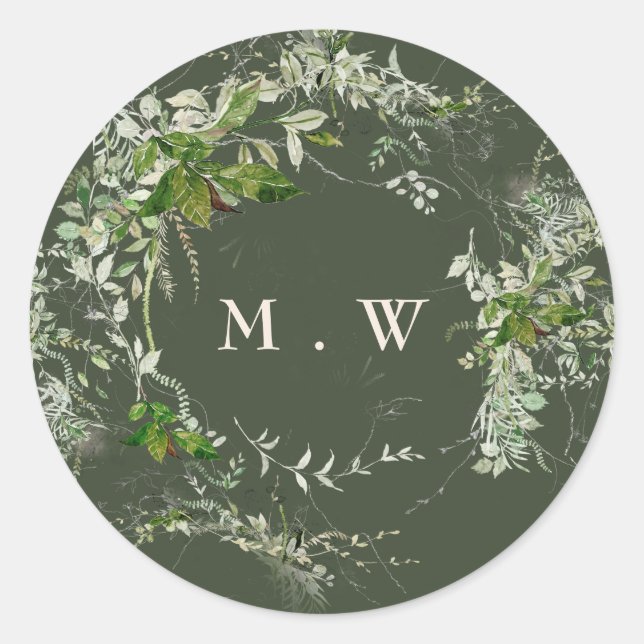 Eucalyptus Wreath Monogram Wedding Runder Aufkleber (Vorderseite)