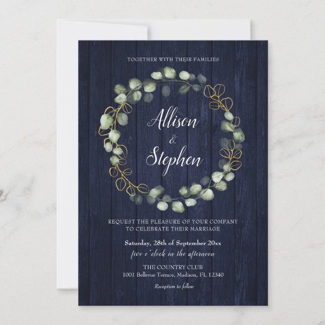 Eucalyptus Wreath Navy Blue Wedding Einladung (Vorderseite)