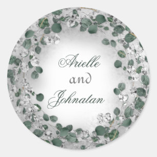 Eucalyptus Wreath Wedding Name Gefallen Grünes Sil Runder Aufkleber