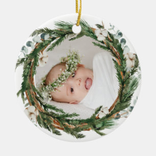 Eucalytus und Pine Wreath Baby Foto Weihnachten Keramik Ornament