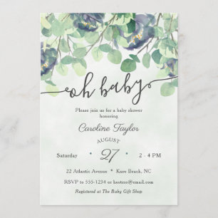 Eucualyptus Greenery Navy Blue Floral Baby Shower Einladung