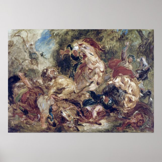 Eugène Delacroix Die Löwenjagd Poster (Vorne)